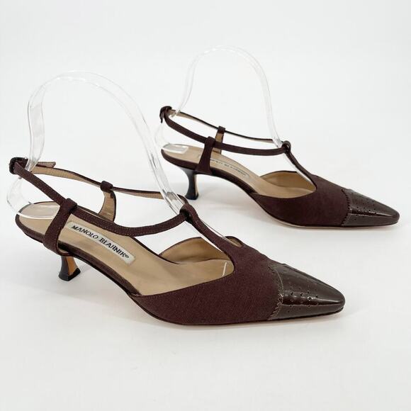 Manolo Blahnik Vintage Brown Pointed Cap Toe T-Strap Kitten Heel Pump IT 37 - Picture 1 of 10